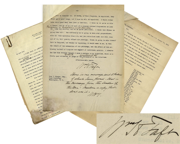 William Taft Letter Signed, With Additional Autograph Note Signed, Regarding His Appointment to the Supreme Court -- ''...This discussion as to Wilson's appointing me to the Bench only amuses me...''